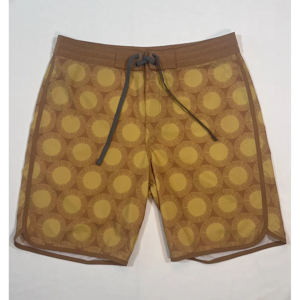 PrAna Roots Studio Board Shorts Men 32 Brown Yellow Sunburst Surf Swim Trunks
